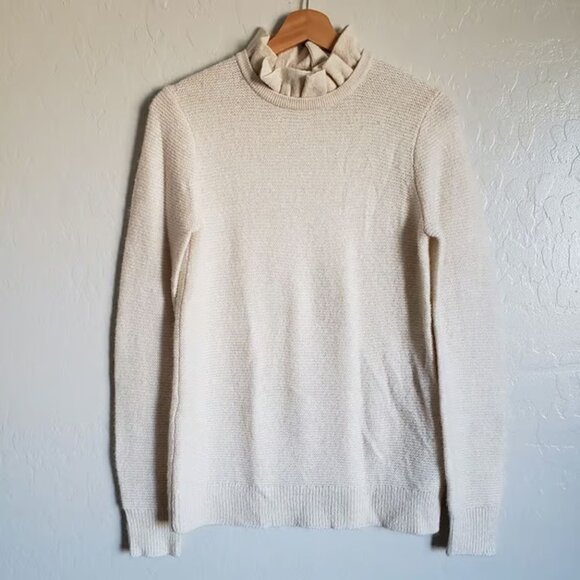 J.Crew Ruffled Mock Neck Alpaca Blend Knit Sweater Cream Women's Small Soft Wool - Picture 1 of 7
